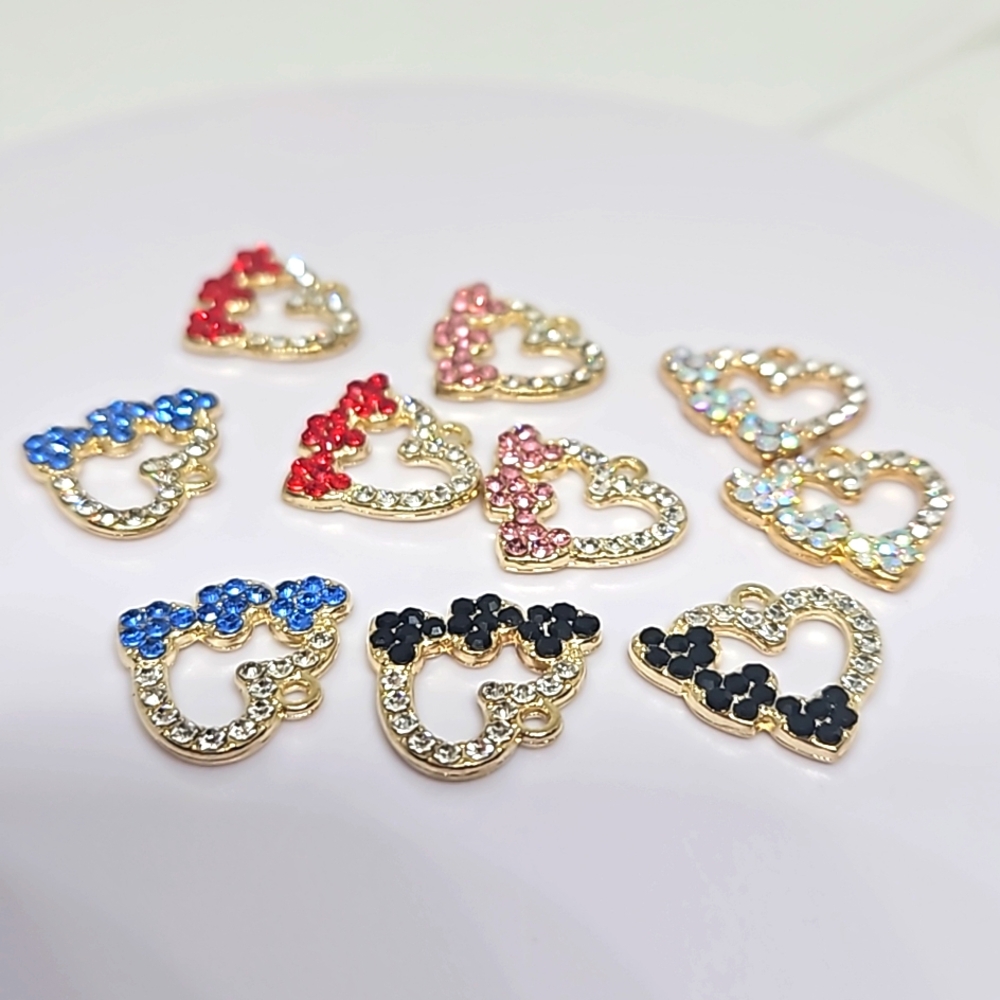 Elegant Heart Pendants with Rhinestones.  10 Charms, 2 each Color.